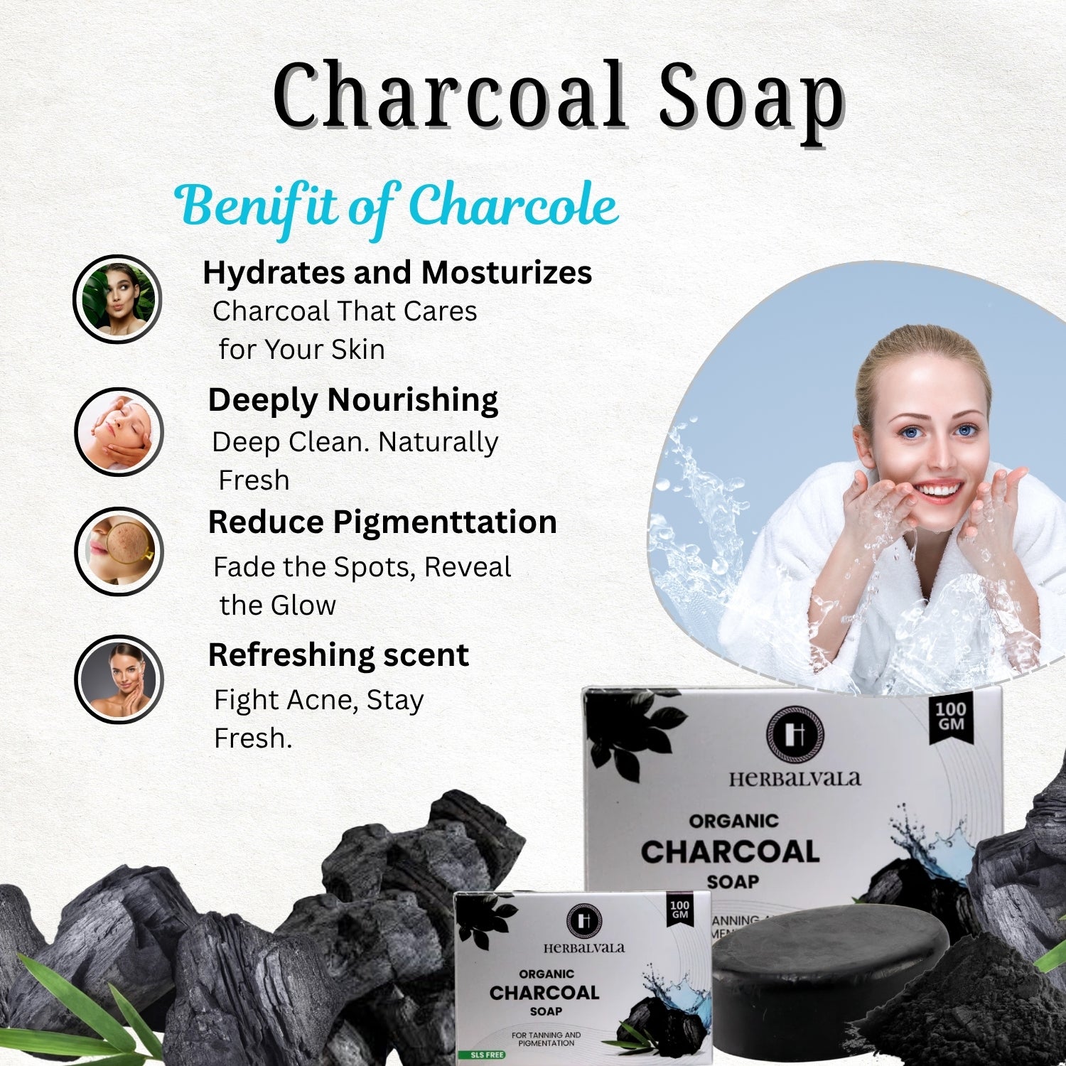 Herbalvala Organic Charcoal Face Soap for Radiant Glow || Detox Bathing Soap || Body Cleansing || Organic Face Soap || Pollution Damage Control || Natural Soap – Pack of 3