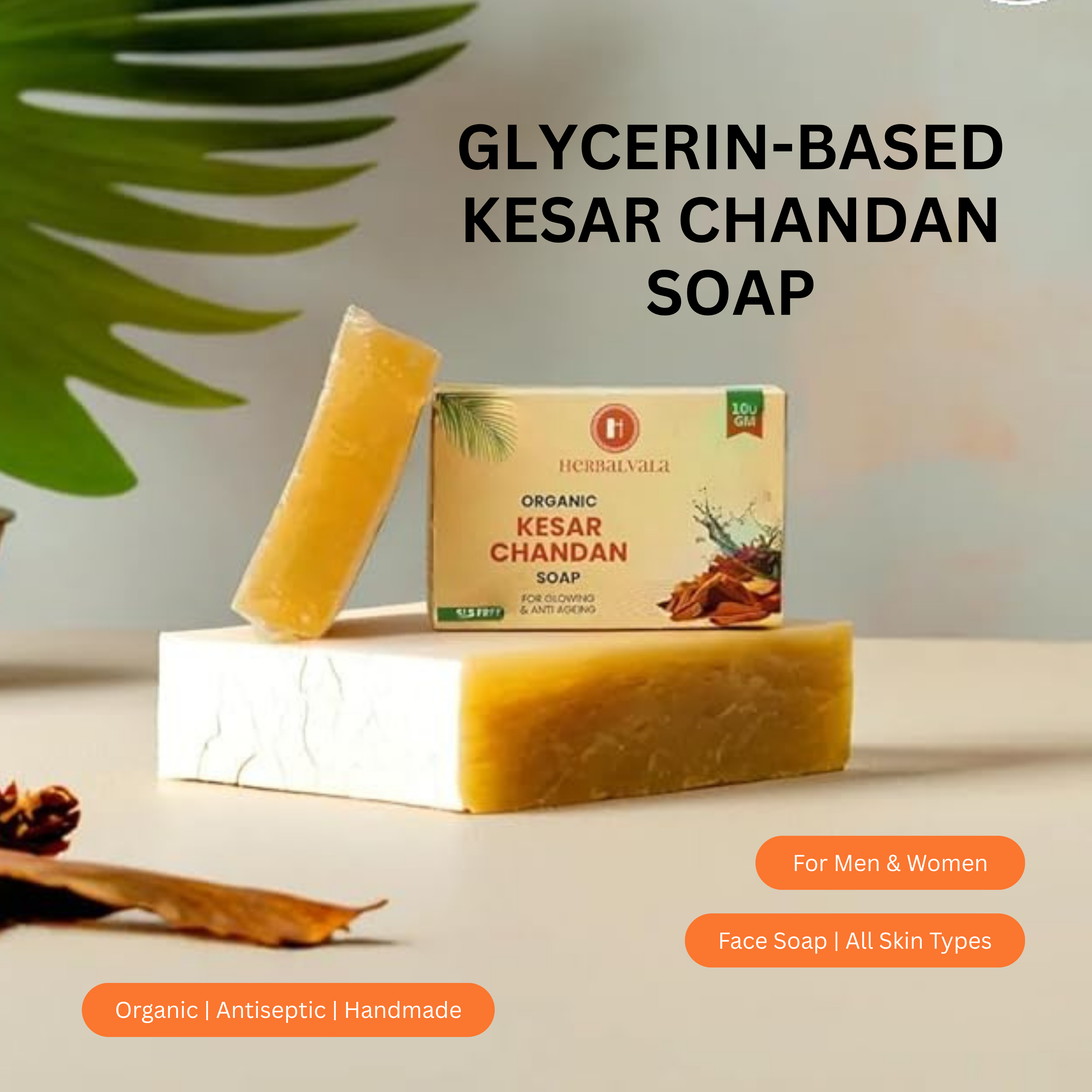 Herbalvala Glycerin-Based Kesar Chandan Soap for Refreshed & Nourished Body || Moisturizers || Soothes Skin, Gives Healthy Glow & Leaves Long Lasting Fragrance || (Pack of 3)