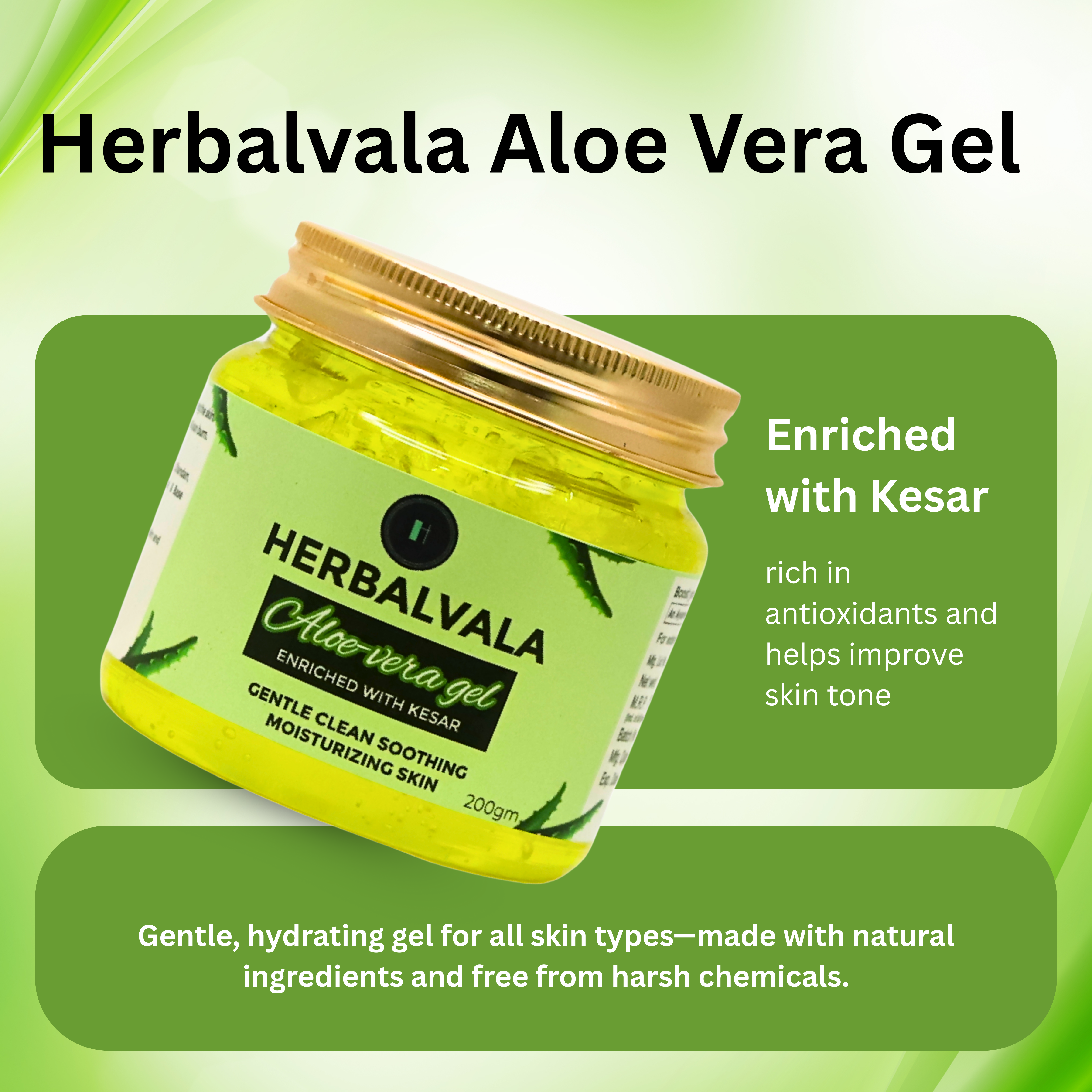 Herbalvala Pure Aloe Vera Gel Enriched with Kesar for Body, Face & Hair (200g)