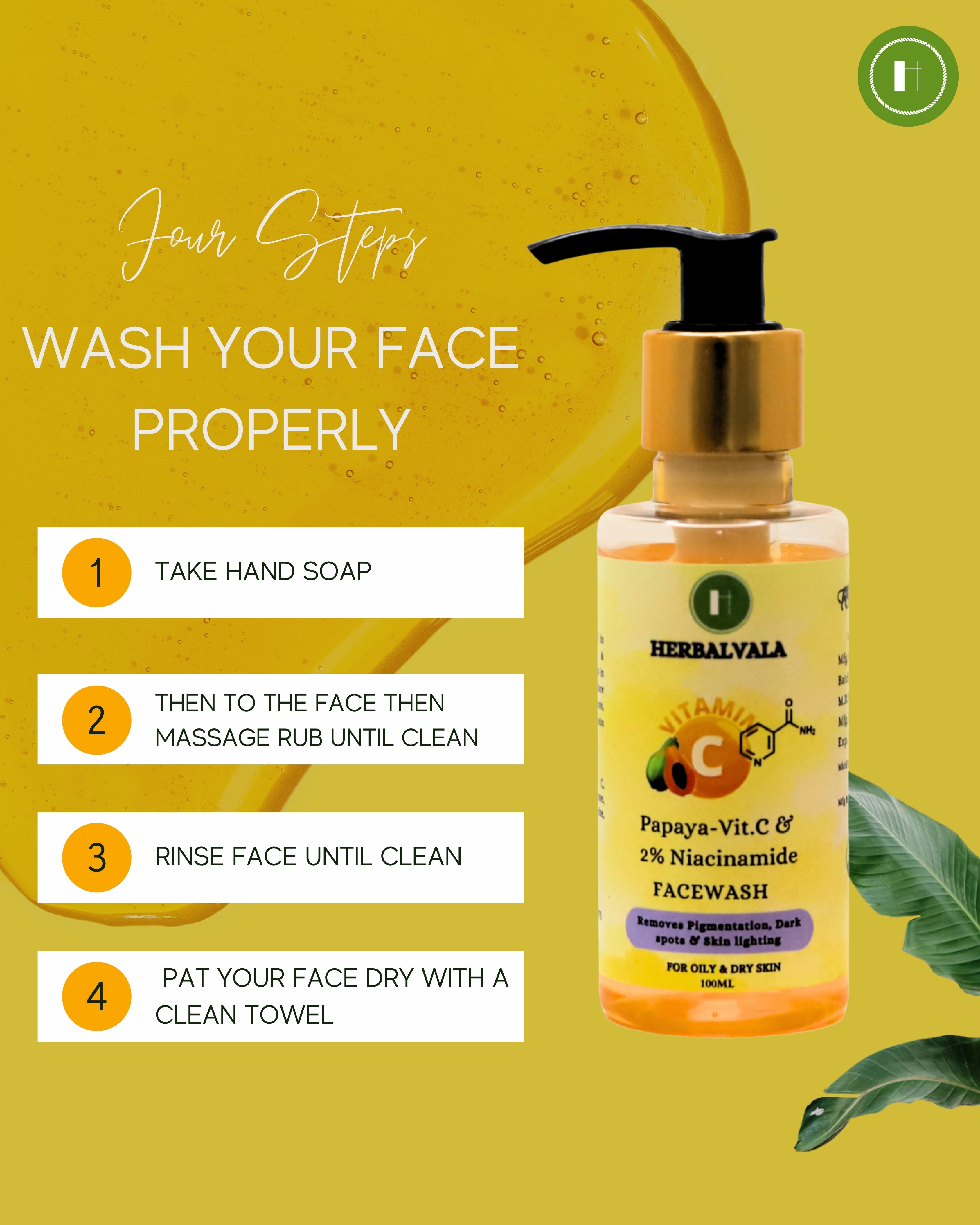 Herbalvala Niacinamide, Glutathione & Vitamin – C Papaya Facewash for Oily & Dry Skin || SLS Free || Remove Pigmentation, Dark Spots and Skin Lighting (100 Gram/ML)