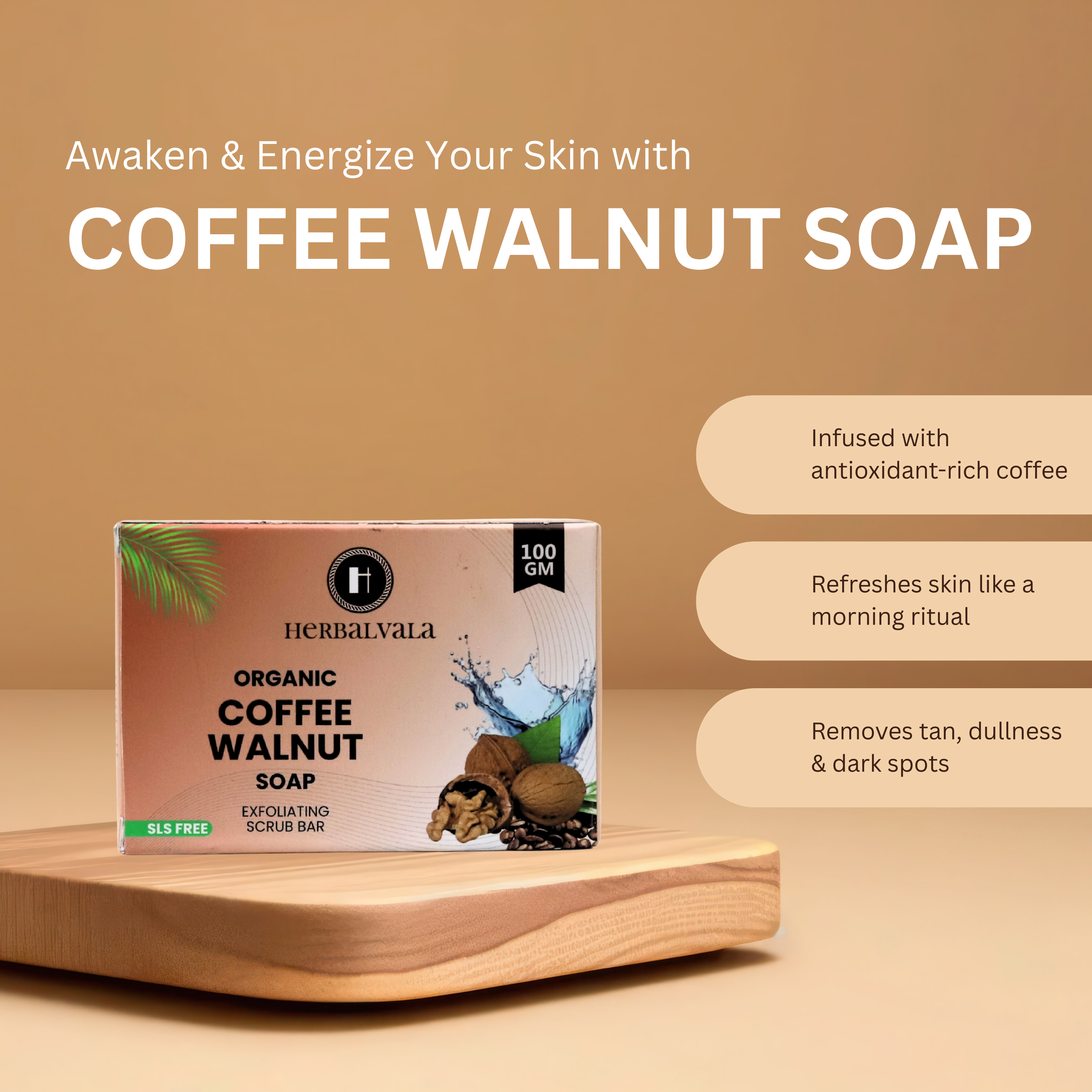 Herbalvala Glycerin Based Coffee Walnut Soap(Pack of 3) for Refreshed & Nourished Body