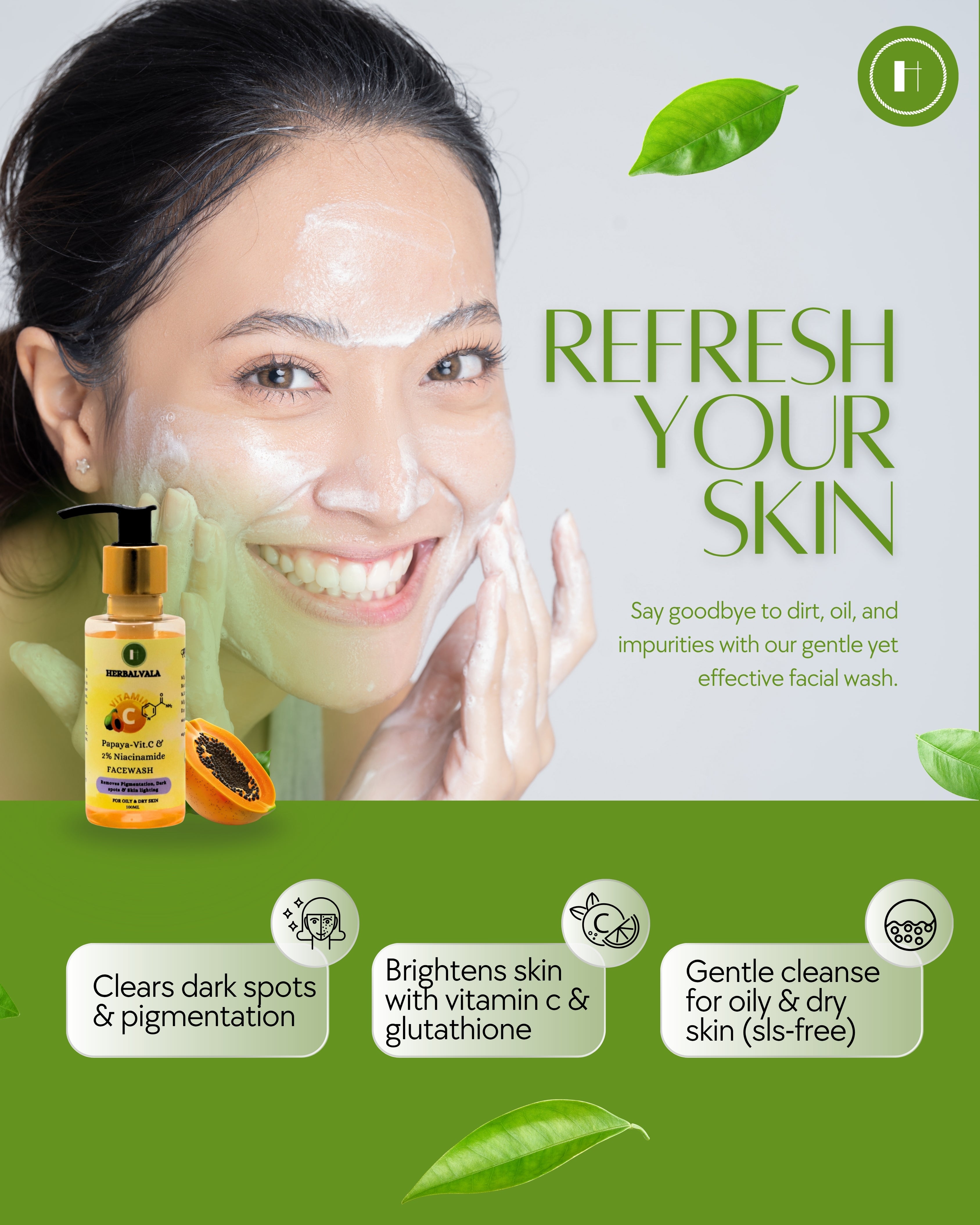 Herbalvala Niacinamide, Glutathione & Vitamin – C Papaya Facewash for Oily & Dry Skin || SLS Free || Remove Pigmentation, Dark Spots and Skin Lighting (100 Gram/ML)