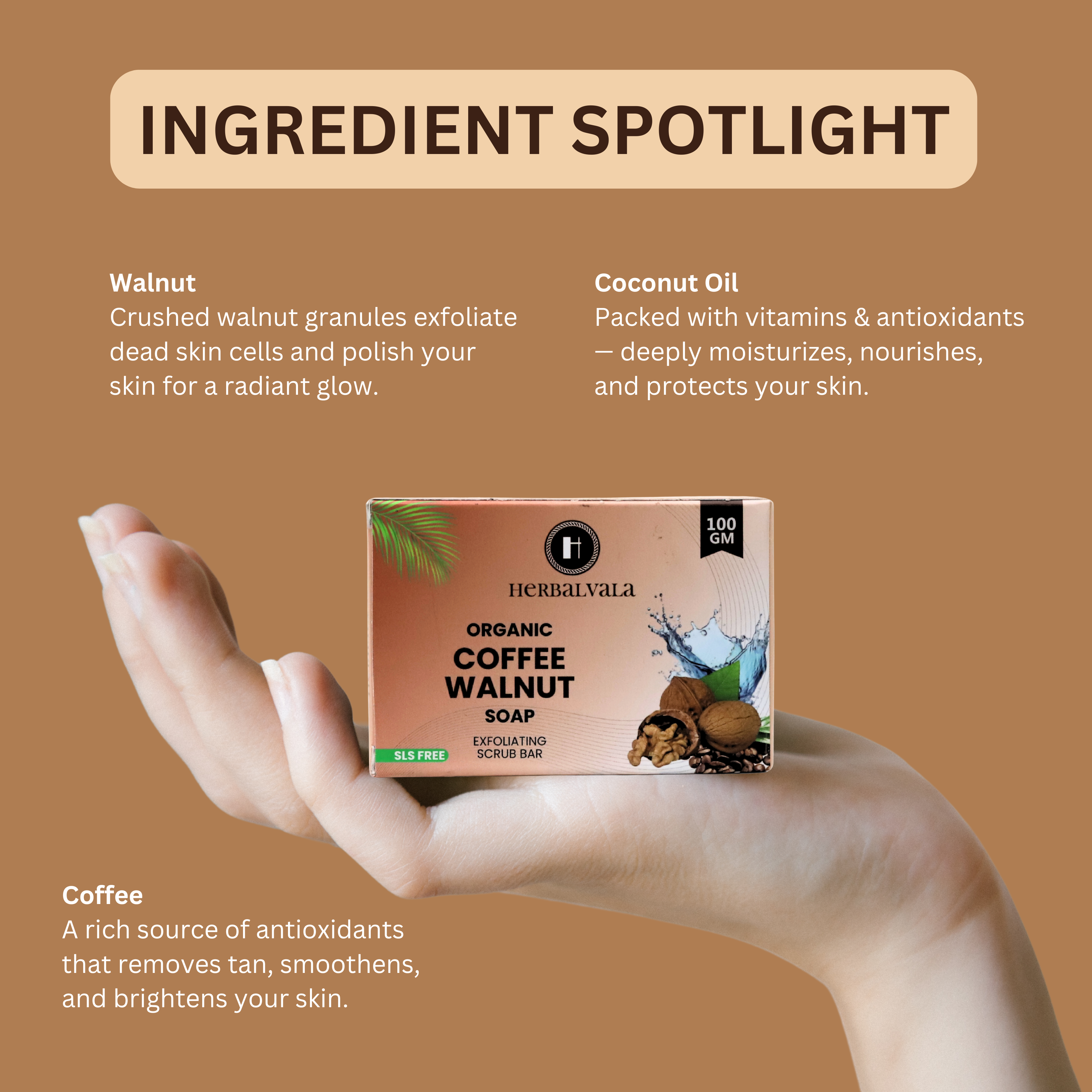 Herbalvala Glycerin Based Coffee Walnut Soap(Pack of 3) for Refreshed & Nourished Body