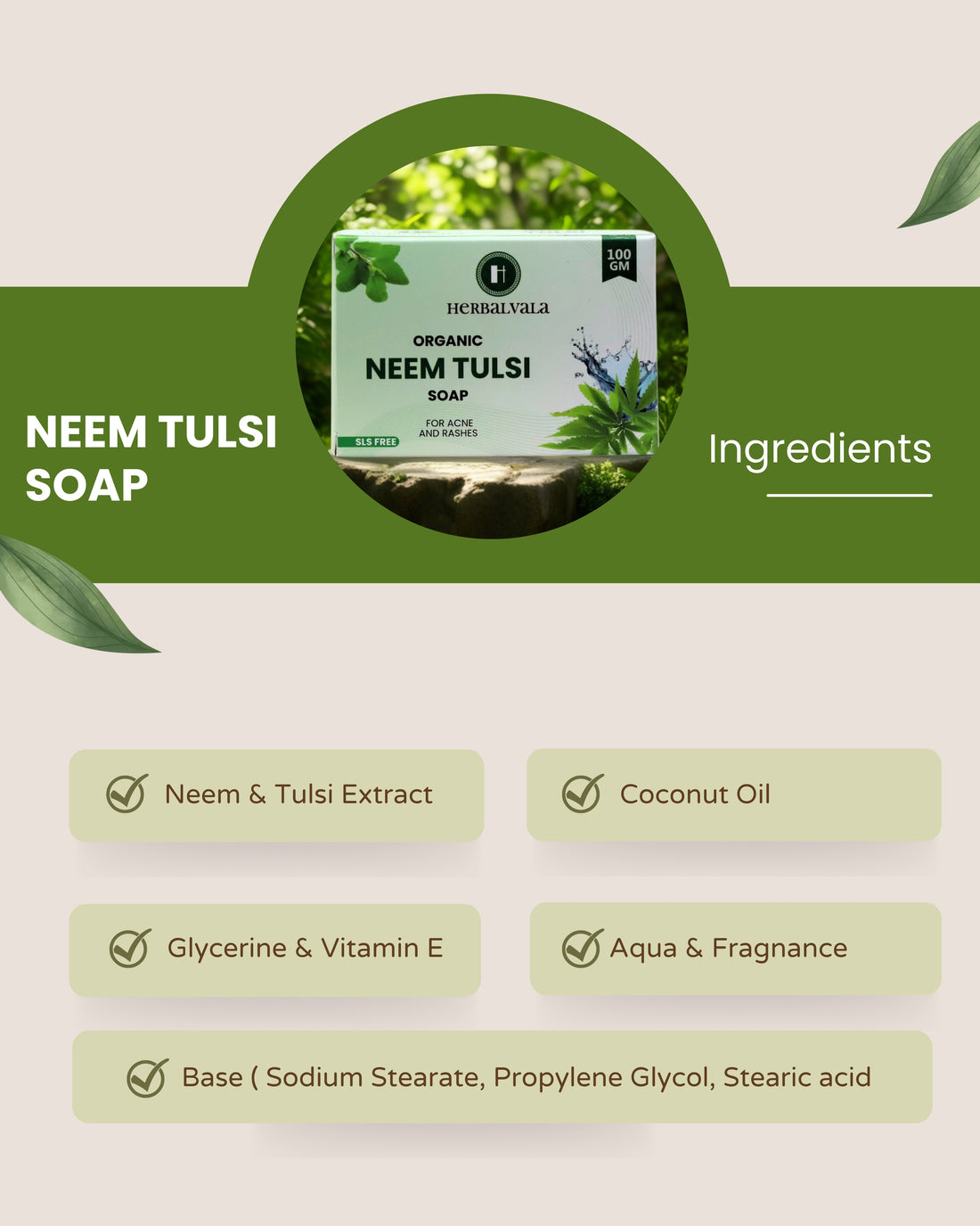 Herbalvala Glycerin Based Neem and Tulsi Soap for Refreshed & Nourished Body || Cleanses Skin & Prevent Infection || For Hydrated, Supple & Rash Free Skin || For All Skin Type (Pack of 3)