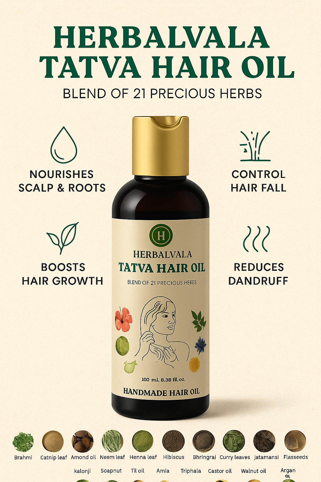 Herbalvala Tatva Hair Oil for Nourished Long Hair || Prevent Hairfall, Anti-dandruff, Premature Graying || Natural Care for Strong, Healthy, and Lustrous Hair || 100 ml
